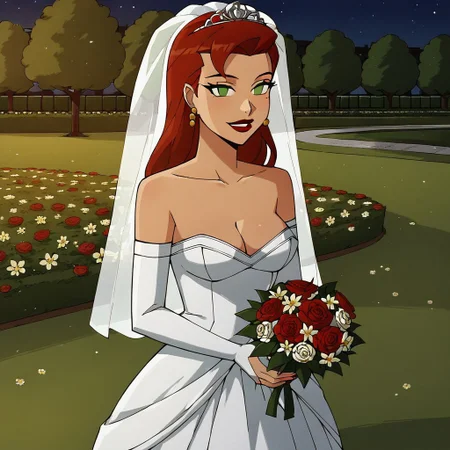 score_9, score_8_up, score_7_up, solo, 1girl, lipstick, red hair, long hair, green eyes, no pupils, wedding veil, wedding dress,  bridal gauntlets, earrings, Veronica Vreeland, park, night, flowers, cleavage, holding bouquet of flowers