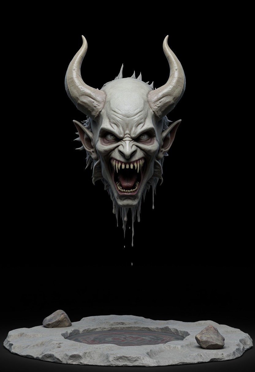 a floating yokai ghoul head, evil spirit Head floating in a dark cave with a spectral haunting feeling, japanese Nukekubi,
Foating above a flat gray ground and black background, the camera angle is high rotated at a 45 degree angle Set against a solid dark black color background to emphasize its unnatural form that emphasizes its silhouette. The medium is not a traditional painting or illustrative medium like watercolor or ink but rather a digital 3D rendering. 
MikeFranchinastyle, bbstyle,, horror theme,, ZBClay model of a gray sculpture, zbrush, d4arks0uls, overcast lighting, gothic-fantasy style, mystical aura