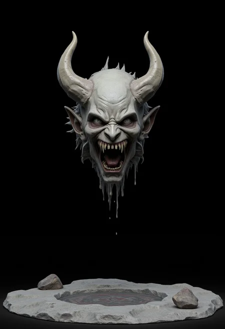 a floating yokai ghoul head, evil spirit Head floating in a dark cave with a spectral haunting feeling, japanese Nukekubi,
Foating above a flat gray ground and black background, the camera angle is high rotated at a 45 degree angle Set against a solid dark black color background to emphasize its unnatural form that emphasizes its silhouette. The medium is not a traditional painting or illustrative medium like watercolor or ink but rather a digital 3D rendering.
MikeFranchinastyle, bbstyle,, horror theme,, ZBClay model of a gray sculpture, zbrush, d4arks0uls, overcast lighting, gothic-fantasy style, mystical aura