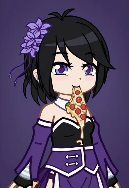 GELUFANT, GELUFANTGacha, Gacha, girl, black hair, hair flower, hair ornament, purple eyes, detached sleeves, score_9,score_8_up,score_7_up,score_6_up,eat pizza their bodies are covered in ketchup and pizza sauce