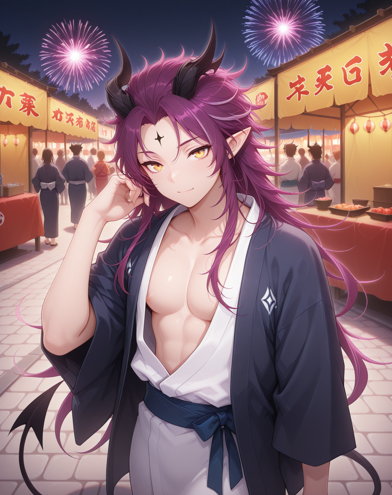 masterpiece,best quality,amazing quality, newest, very aesthetic, absurdres,
1boy, solo, yaoi, male focus, looking at viewer, cowboy shot,
<lora:Veigas_Limit_Break_ilxl:1> veigaslb, purple hair, black horns, pointy ears, yellow eyes, forehead mark, demon horns, demon boy, demon tail,
yukata, open clothes,
outdoors, festival, night, fireworks, stone floor,
