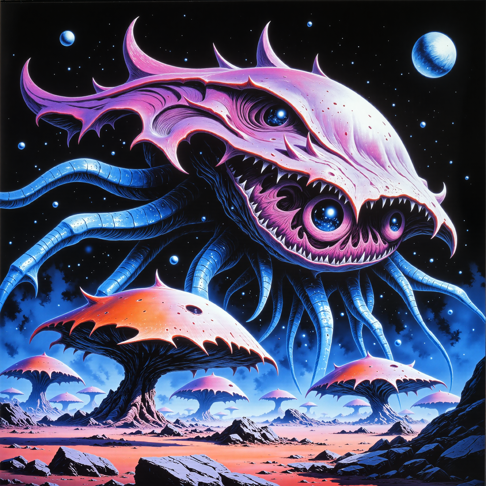 mystical and mythical scenery on a distant world, ultra-high-resolution, famous artwork inspired by carl critchlow, detailed glowing eyes, the "mesmerizing squitshglooms" are immense biomorphic organisms that merge organic and synthetic components to adapt to the eglorpified conditions of the elminstered spaceship graveyards on planet "glimflap vi," scavenging resources from spaceship wrecks to add to their cinderblurted bodies, detailed background, dappled sunlight, creature focus, very aesthetic, extremely detailed, ultra high resolution, 8k, 4k, harmonising colors, ovg, arsmoviestill, 80s fantasy movie still, lrat, <lora:image_upgrade-flux-by_zeronwo7829:0.64> <lora:style-luis_royo-flux-by_artikuz_ai:0.72> <lora:style-80s_fantasy_movie-v3-flux-by_arsmachina:0.8>