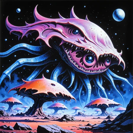 mystical and mythical scenery on a distant world, ultra-high-resolution, famous artwork inspired by carl critchlow, detailed glowing eyes, the "mesmerizing squitshglooms" are immense biomorphic organisms that merge organic and synthetic components to adapt to the eglorpified conditions of the elminstered spaceship graveyards on planet "glimflap vi," scavenging resources from spaceship wrecks to add to their cinderblurted bodies, detailed background, dappled sunlight, creature focus, very aesthetic, extremely detailed, ultra high resolution, 8k, 4k, harmonising colors, ovg, arsmoviestill, 80s fantasy movie still, lrat, <lora:image_upgrade-flux-by_zeronwo7829:0.64> <lora:style-luis_royo-flux-by_artikuz_ai:0.72> <lora:style-80s_fantasy_movie-v3-flux-by_arsmachina:0.8>