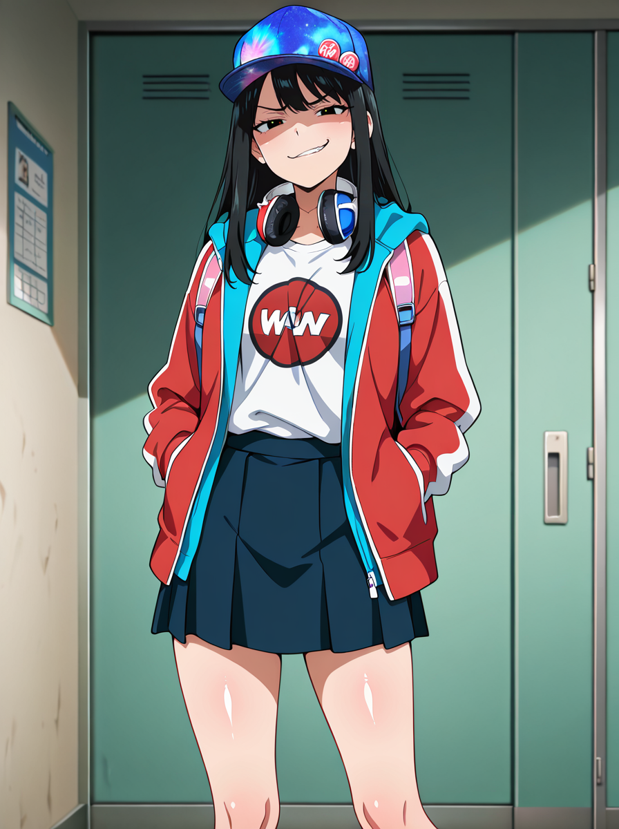 masterpiece, best quality, amazing quality, very aesthetic, absurdres, newest,shiny skin  anime screenshot,  anime coloring,  <lora:SaibaNicoILL:1>saibanico, 1girl, solo, black hair, jacket, hat, headphones, long hair, headphones around neck, skirt, baseball cap, shirt hospital,  smirk smug,
