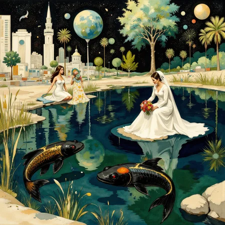 Surrealism themed artwork depicting black-toned Kuwaiti iridescent newt in a pond, futuristic, intricate white and green recursion, impossible, billowing dark dust, very detailed. The overall feel of the image is of clarity and balanced space, with distorted people and items interacting in unusual ways. Additionally the image incorporates elements of mixed media including flowing lines drawn with fine pens and appliqued goldleaf. The general effect is of elaborate surreal and absurdist elements interacting with each other to produce timeless fine art elegance. <lora:Paper_Marbling_Flux:0.5> <lora:Eldritch_Watercolor_for_Flux:0.5> <lora:midjourney_whisper_chromaplex_v1:0.4> <lora:Eldritch_Paint_Sketch_for_Flux_1.0.5:0.4> <lora:FLUX.1-DEV_-_Decadence_style_LoRA:0.5>