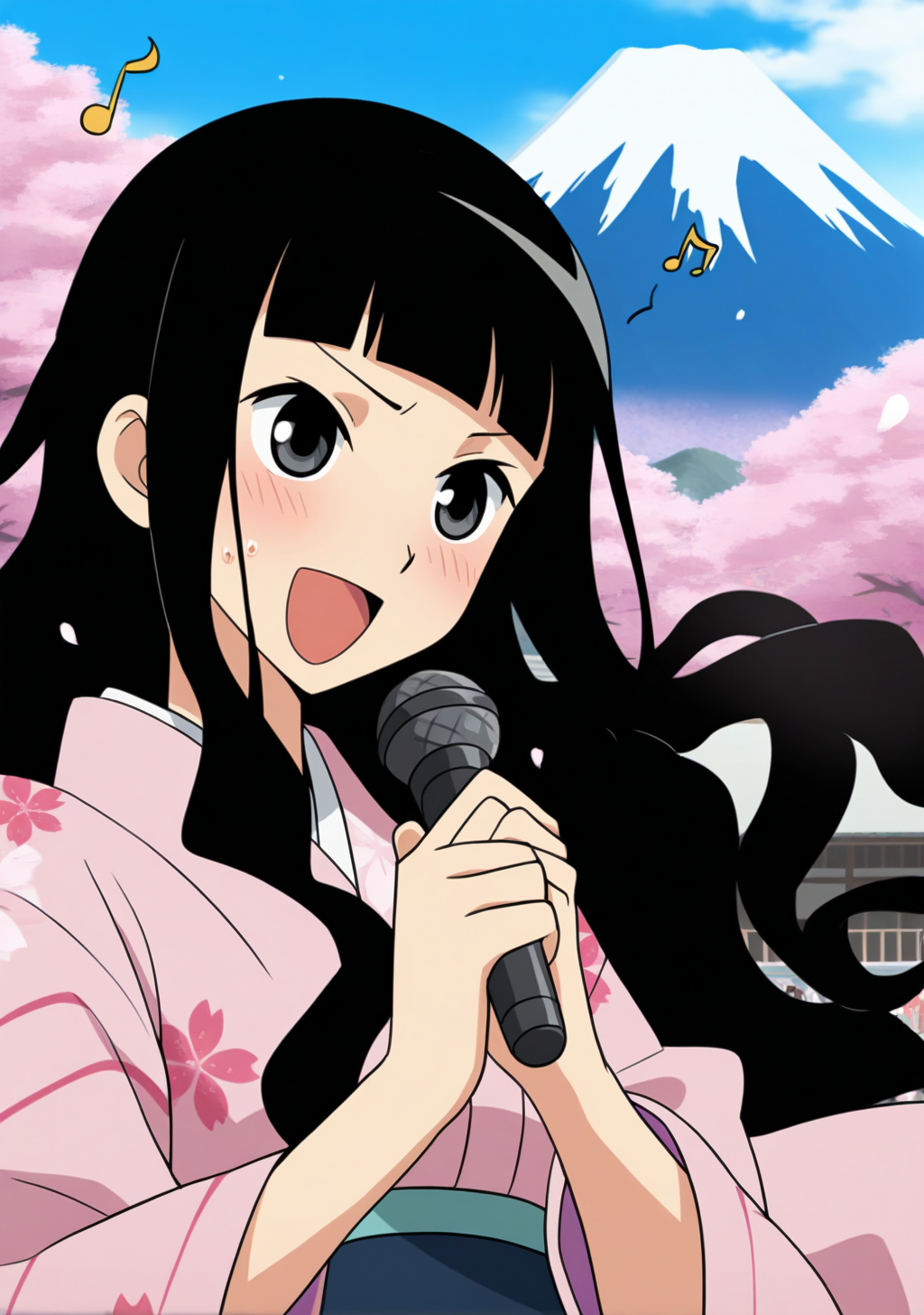 masterpiece, best quality, absurdres, perfect lighting,shiny skin,<lora:spo_sdxl_10ep_4k-data_lora_webui:0.6>,1girl,itoshiki_rin,long hair, black hair,wavy hair, blunt bangs,black eyes,<lora:itoshiki_rin:0.9>,japanese clothes,singing,holding microphone,fist,open mouth,sweatdrop,sweat,blush,cherry blossoms, wing,floating hair,enthusiastic singing,enka,on stage,psyllium, mount fuji,musical note, happy,anime screenshot, official art,