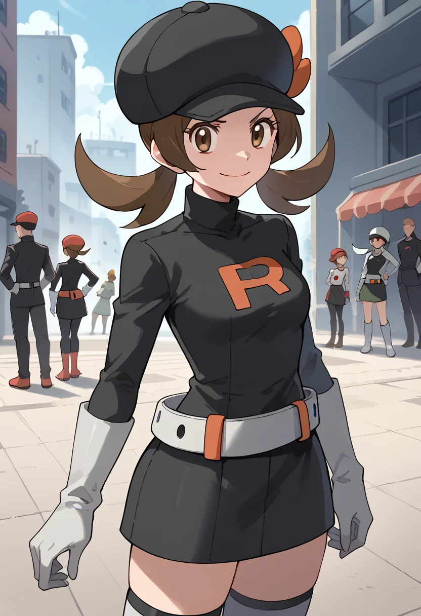 Leaning with hands on an invisible counter,  evil smile, <lora:LyraPony-10:1> Lyra_TeamRocket, long hair, brown hair, twintails, brown eyes, hat, cabbie hat, black headwear, dress, black dress, short dress, belt, white belt, team rocket uniform, gloves, white gloves, boots, thigh boots, white footwear,, score_9, score_8_up, score_7_up, score_6_up, score_5_up, score_4_up,