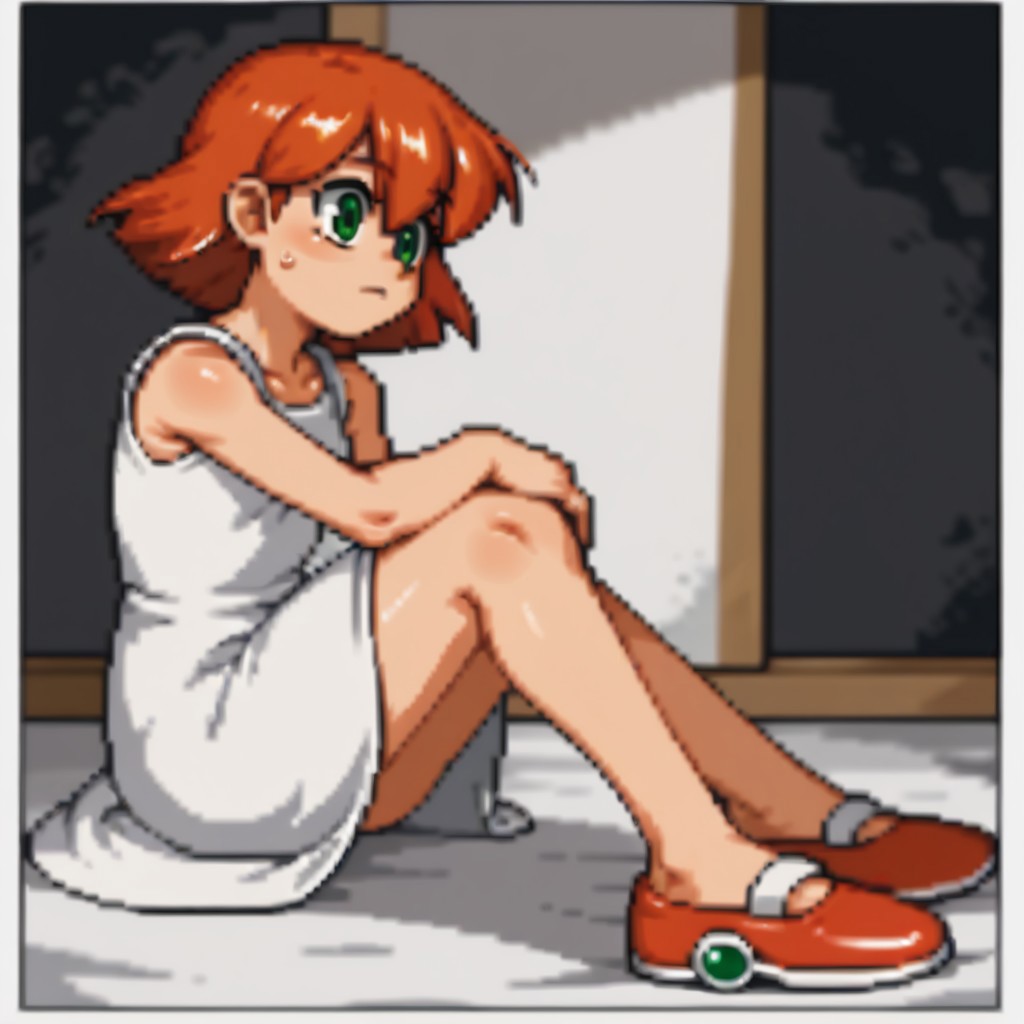 score_9, score_8_up, score_7_up BREAK RollMvC, 1girl, short white bob cut, pale skin, green eyes, full body, thin, skinny, ignoring viewer, white dress, white mary jane shoes, dark mansion indoors,