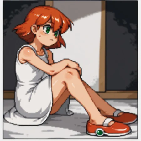 score_9, score_8_up, score_7_up BREAK RollMvC, 1girl, short white bob cut, pale skin, green eyes, full body, thin, skinny, ignoring viewer, white dress, white mary jane shoes, dark mansion indoors,