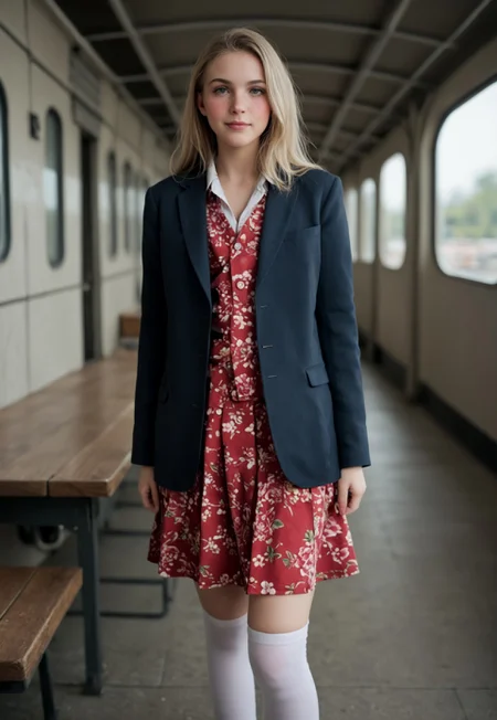 score_9, score_8_up, score_7_up, score_6_up, realistic, 1girl, 37 years old, cute, innocent, thin, tall, (cute face), slim body, petite body, skinny, round face, stunning professional portrait photo, (full-body view), frontal view, (cute face), blonde hair, braid, pale skin, light freckles, perfect beautiful eyes, catchlights, no makeup, delicate features, blushing, emotive, happy expression, low angle point of view, highly detailed, (detailed realistic photography), masterpiece, finely detailed skin, emotional, professional color grading, ruanyi0911, ruins, indoors, standing behind table, map on table, complex shadows and light, standing in an empty train station, school uniform, floral print shirt, navy blazer, (khaki skirt), white stockings, shoes