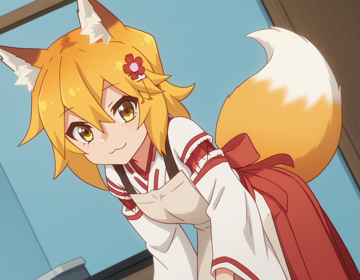 score_9, score_8_up, score_7_up, source_anime,
kitsunesenko, <lora:kitsune-senko-s1-ponyxl-lora-nochekaiser:1>,
senko, bangs, blonde hair, hair ornament, animal ears, hair between eyes, yellow eyes, flower, hair flower, animal ear fluff, fox ears, red flower, fox girl,
long sleeves, tail, japanese clothes, wide sleeves, kimono, apron, ribbon trim, hakama, hakama skirt, ribbon-trimmed sleeves, white kimono, miko, brown apron,
indoors, bent over, smile,
solo, dutch angle, looking at viewer, cowboy shot,