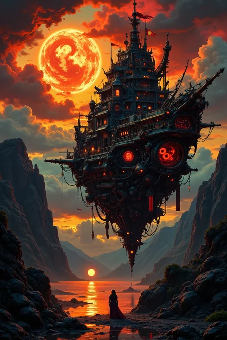 ghost ship beautiful  landscape, golden hour, woman, very intricate, very detailed, sharp, bright, colorful, <lora:Hand v2:0.5> <lora:Anti-Blur:1><lora:Insane Detail Slider:0.25>  <lora:flux.1_lora_flyway_Epic-detail_v2:0.3> <lora:fluxenhancer:0.25> <lora:Neurocore Anime Cyberpunk v2.0:1> A digital artwork in the style of cknc <lora:abyss-neon:0.6> bo-neon
