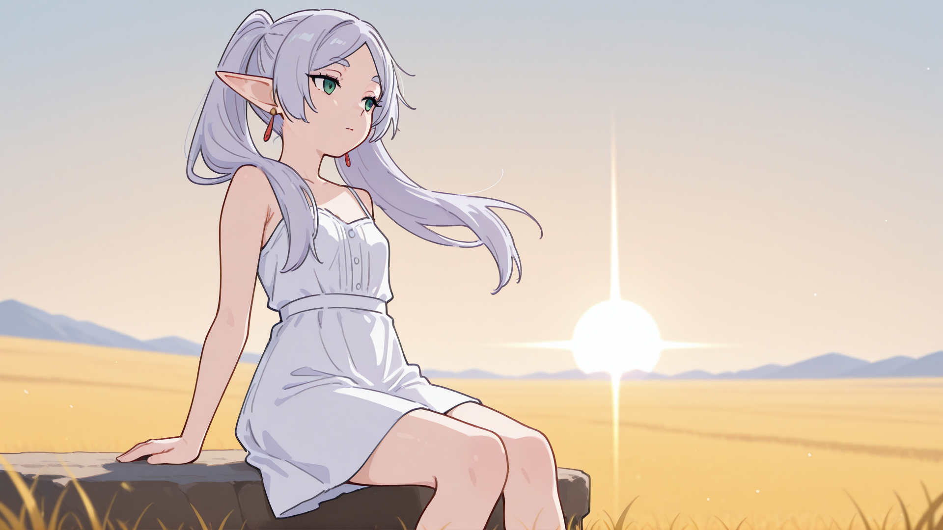 masterpiece, best quality, very detailed,
1 girl, Frieren \(Frieren_at_journey's_end\), small breasts, dress
outdoors, plains, sitting,
 <lora:Artstyle__uwzoa_illustrious:1>