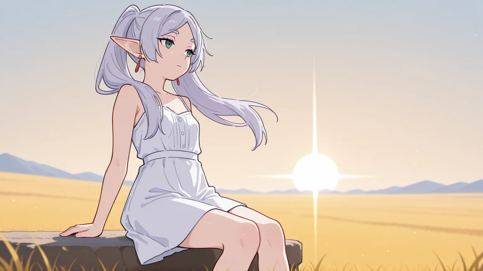 masterpiece, best quality, very detailed,
1 girl, Frieren \(Frieren_at_journey's_end\), small breasts, dress
outdoors, plains, sitting,
<lora:Artstyle__uwzoa_illustrious:1>