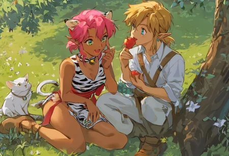 score_9, score_8_up, score_7_up, score_6_up, Masterpiece, source_anime screenshot, duo, 1 girl, 1 boy, vivid colors, retro anime style, high-res, beautiful aesthetic, very intricate, high-quality details, vibrant, highly detailed, award-winning, professional, <lora:pink-ponyxl-v2:1>, open mouth smile, single fang showing, sleeveless dress, white tiger print dress, pelvic curtain, cleavage, white cat ears, cat bell necklace, bright pink hair, tanned, white tiger tail, red sash, small breasts, leather shoes, detailed eyes, green eyes, detailed face, BREAK score_9, score_8_up, score_7_up, score_6_up, Masterpiece, source_anime, 1 girl, 1 boy, vivid colors, anime style, high-res, beautiful aesthetic, very intricate, high-quality details, vibrant, highly detailed, award-winning, professional, <lora:link:0.8> link1, link, soft smile, pointy ears, blonde hair, blue eyes, medium hair, side locks, earrings, short ponytail, blue hylian tunic
Break
Hyrule field, legend_of_zelda, trees, grass, flowers, river, pink and link eating apples, under a big apple tree, sitting under the tree, looking at each other happily
