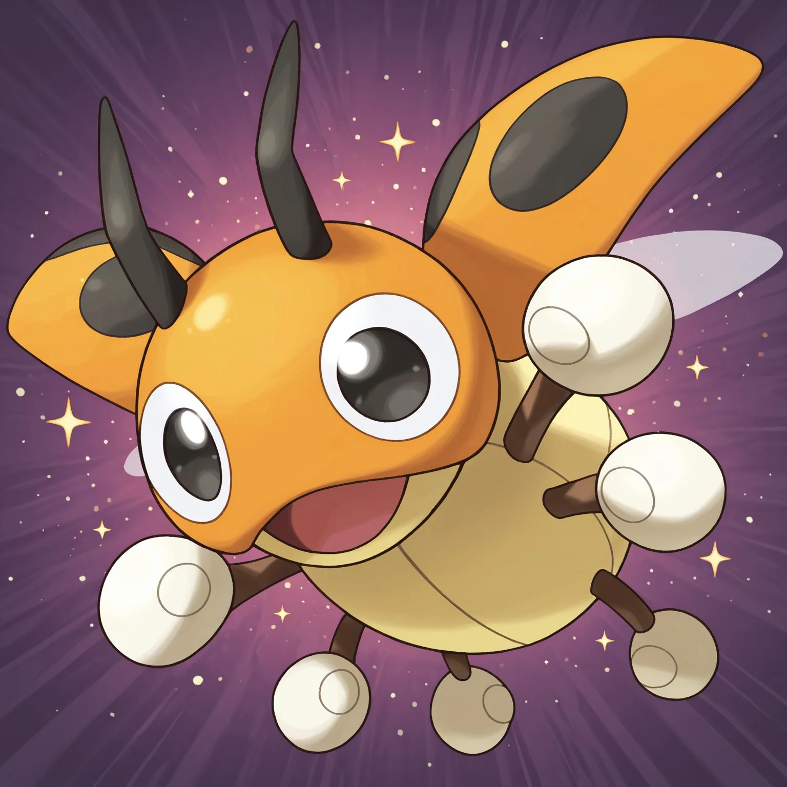 2d, solo, Pokemon (creature), ((shiny pokemon)), insect, black arms, white hands, multicolored body, orange head, black antennae, black eyes, big pupils, wings open,
BREAK open mouth smile, flying, abstract background, (sparkles)
BREAK best quality, amazing quality, very aesthetic, absurdres, newest, high quality, masterpiece