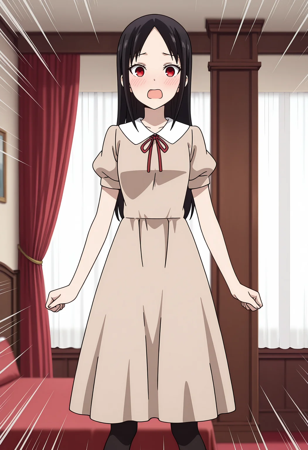 anime screencap, masterpiece, best quality,
<lora:Kaguya-samaWaKokurasetai_ShinomiyaKaguya_IlluXL:0.9>,
1girl, solo, open mouth, embarassed, blush,
straight hair, parted bangs, black hair, red eyes, no pupils,
white collar, neck ribbon, red ribbon, light brown dress, puffy short sleeves, black pantyhose,
arms at sides, standing, looking at viewer,
emphasis lines, indoors, canopy bed, curtains, photo background, blurry background
