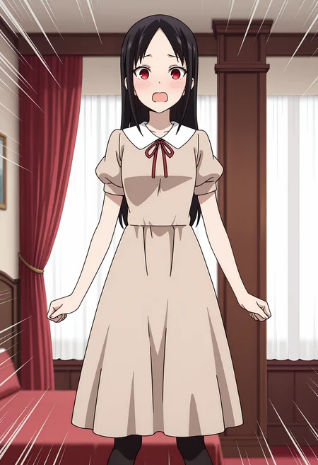 anime screencap, masterpiece, best quality,
<lora:Kaguya-samaWaKokurasetai_ShinomiyaKaguya_IlluXL:0.9>,
1girl, solo, open mouth, embarassed, blush,
straight hair, parted bangs, black hair, red eyes, no pupils,
white collar, neck ribbon, red ribbon, light brown dress, puffy short sleeves, black pantyhose,
arms at sides, standing, looking at viewer,
emphasis lines, indoors, canopy bed, curtains, photo background, blurry background
