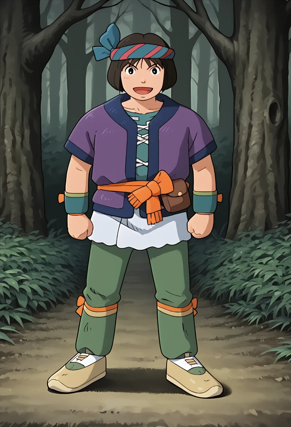 score_9, score_8_up, score_7_up, score_6_up, score_5_up, score_4_up, source_anime, BREAK, <lora:Levant:1>, 1boy, levant, solo, male focus, black eyes, open mouth, short sleeves, smile, blue headband, standing, full body, white fur skirt, green pants, purple open jacket, open jacket, yellow shoes, smudge, orange sash, green wristband, pouch, looking at viewer, solo, cowboy shot, forest background, amazing, big head