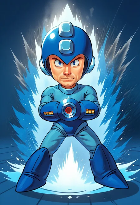 (Megaman, Rockman, gloves, boots, helmet, blue armor, arm cannon:1.1):1.1)(1boy, solo, facing viewer, , score_9, score_8_up, score_7_up, chibi, Ki Charge, aura, shooting stance, white aura, blue aura, arm raising, full body, zPDXL3 ,SimplePositiveXLv2, masterpiece, best quality, high res, illustration, extremely detailed, 8k, wallpaper, hud_c4ric4ture_Styl, chibi