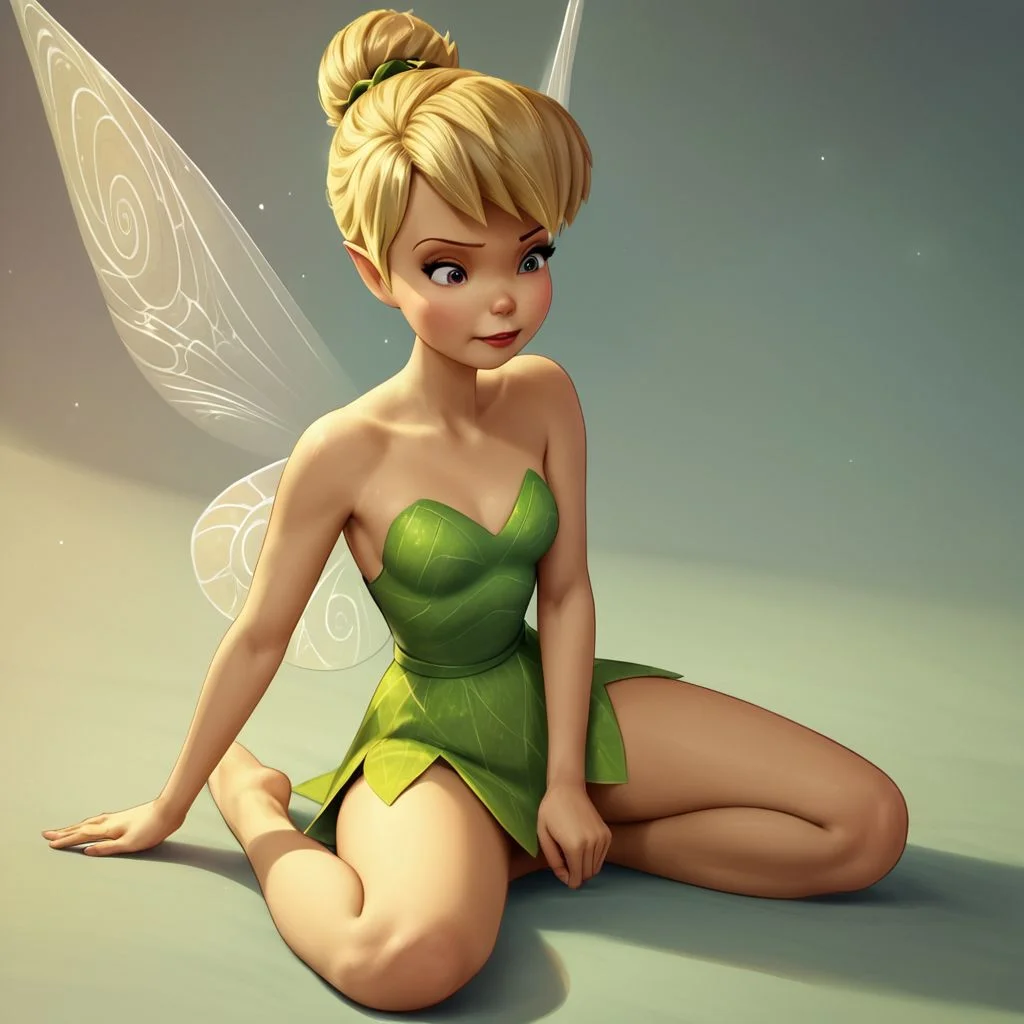 score_9, score_8_up, score_7_up, score_6_up, score_5_up, score_4_up, 1girl, Tinkerbell, rating_questionable, fairy, Fairy wings, small breasts, sitting on the floor