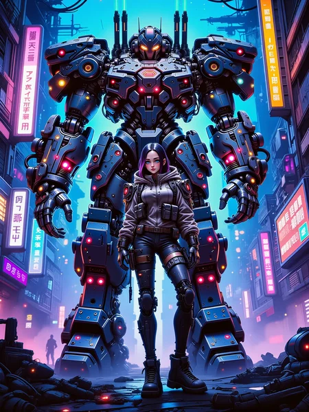 highly detailed sci-fi cyberpunk digital artwork in the style of cknc, scifi, a teenage girl with cybernetic enhancements stands confidently in front of her towering mecha robot in a futuristic dystopian cyberpunk city, in the foreground, the girlâs stance is firm and proud, framed by the glowing neon lights reflecting off her cybernetic enhancements and the mechanical armor of the colossal robot behind her, the cityscape is layered with holographic ads, gritty streets, and towering structures that fade into a misty, polluted skyline, distant, dimly glowing neon signs and billboards add depth, giving a sense of immense scale and urban density, the teenage girl, outfitted with intricate cybernetic limbs and facial enhancements, stands tall with a look of determination, her posture slightly angled to showcase both her profile and her powerful ally behind her, her attire is a mix of rugged and sleek, blending tactical urban gear with futuristic armor, her expression is fierce and focused, ready to face the dystopian world, medium shot from a low angle, emphasizing her stature and resilience while also capturing the massive scale of the robot and the sprawling city, the lighting is a blend of neon blues, purples, and pinks from holographic projections and distant signs, casting vibrant, reflected highlights on the mechaâs metallic armor and the girlâs enhancements, faint fog and dust filter through the light, adding to the dystopian atmosphere, subtle sparks and flickers from the mechaâs exposed circuits hint at its recent use, high-resolution digital format, emphasizing fine detail in textures, metallic reflections, and the layering of light, intricate shading with contrast between warm streetlight hues and cool neon, evoking the dynamic, intense atmosphere of a cyberpunk cityscape, cyberkinetic enhancements, aidmamj6.1, <lora:style-neurocore_anime_cyberpunk-flux-by_chronoknight:0.96> <lora:midjourney_61-v0.3-flux-by_aidma:0.6> <lora:image_enhancer-flux-by_dever:0.72>