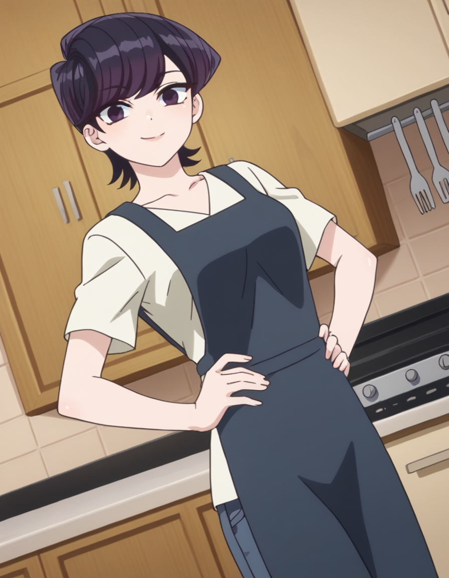 score_9, score_8_up, score_7_up, source_anime,
shuukokomi, <lora:shuuko-komi-s1s2-ponyxl-lora-nochekaiser:1>,
shuuko komi, short hair, black hair, black eyes,
shirt, white shirt, short sleeves, pants, apron, denim, jeans, blue apron,
indoors, kitchen, hands on hips, smile,
looking at viewer, cowboy shot, dutch angle, solo,