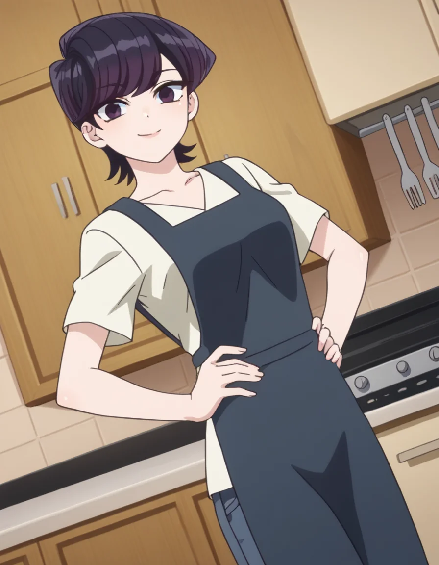 score_9, score_8_up, score_7_up, source_anime,
shuukokomi, <lora:shuuko-komi-s1s2-ponyxl-lora-nochekaiser:1>,
shuuko komi, short hair, black hair, black eyes,
shirt, white shirt, short sleeves, pants, apron, denim, jeans, blue apron,
indoors, kitchen, hands on hips, smile,
looking at viewer, cowboy shot, dutch angle, solo,