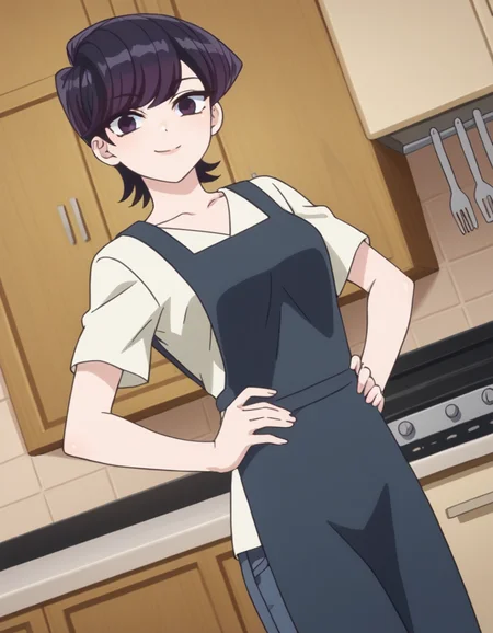 score_9, score_8_up, score_7_up, source_anime,
shuukokomi, <lora:shuuko-komi-s1s2-ponyxl-lora-nochekaiser:1>,
shuuko komi, short hair, black hair, black eyes,
shirt, white shirt, short sleeves, pants, apron, denim, jeans, blue apron,
indoors, kitchen, hands on hips, smile,
looking at viewer, cowboy shot, dutch angle, solo,