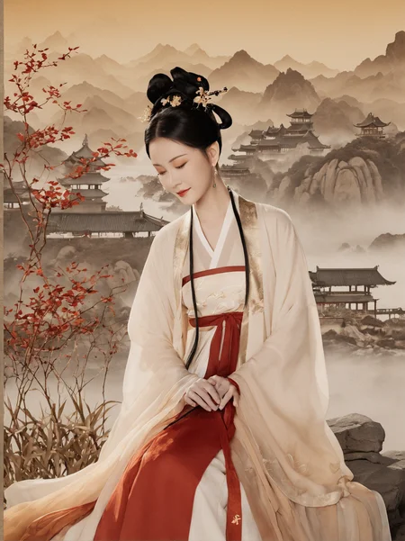Whimsical and Playful, cinematic photo ink wash painting of light hanfu,A traditional Chinese art-inspired portrait, featuring a woman in ancient Hanfu attire. The serene landscape evokes the tranquility found in classical Chinese paintings from the Song and Ming dynasties. Complementing the scene are golden calligraphy characters and red seals, all set within a color palette rich in soft golds, whites, and deep reds.Deliberately blurred for a dreamy, ethereal mood.,Next-gen realism, blending virtual and reality. . monochromatic, loose, fluid, expressive, delicate,colorful . 35mm photograph, film, bokeh, professional, 4k, highly detailed, imaginative, fantastical, bight colors, stylized, happy, Whimsical and Playful