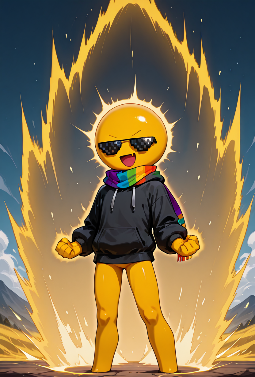 <lora:xmattar-04:1> xmattar, open mouth, rainbow scarf, , solo, smile, pixel sunglasses, 1boy,black hoodie, yellow skin, circular head,,yellow legs, no pants, short legs,       <lora:SuperSaiyanAura_Illustrious_Mlaofmd:1> kipowerup, sharp jagged energy waves, big ki, glowing energy field, energy radiating from skin, yellow aura, fists clenched tightly, arms bent at elbows, intense expression, giant glowing energy field, masterpiece, best quality, amazing quality, very aesthetic, absurdres, newest,