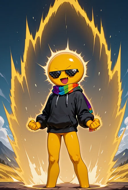 <lora:xmattar-04:1> xmattar, open mouth, rainbow scarf, , solo, smile, pixel sunglasses, 1boy,black hoodie, yellow skin, circular head,,yellow legs, no pants, short legs, <lora:SuperSaiyanAura_Illustrious_Mlaofmd:1> kipowerup, sharp jagged energy waves, big ki, glowing energy field, energy radiating from skin, yellow aura, fists clenched tightly, arms bent at elbows, intense expression, giant glowing energy field, masterpiece, best quality, amazing quality, very aesthetic, absurdres, newest,