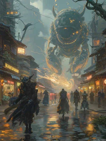 OByouhua,
A futuristic landscape unfolds before us, a place where technology and magic coexist in a delicate balance. Robotic creatures roam the streets, their movements fluid and graceful. Meanwhile, sorcerers cast spells that shimmer in the air, creating a mesmerizing display of power.
