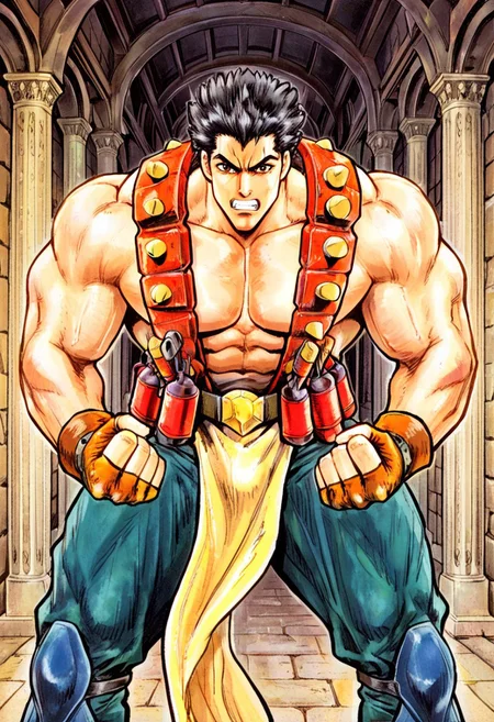 masterpiece, best quality, amazing quality, very aesthetic, absurdres, newest, cyb88, traditional media, 1boy, dionffl3, black hair, muscular, bulging muscles, shirtless, orange fingerless gloves, yellow loincloth, belt, teal pants, blue greaves, standing pose, hallway, stone walls, pillars, angry, clenched teeth, dynamite belt, dynamite vest, looking at viewer