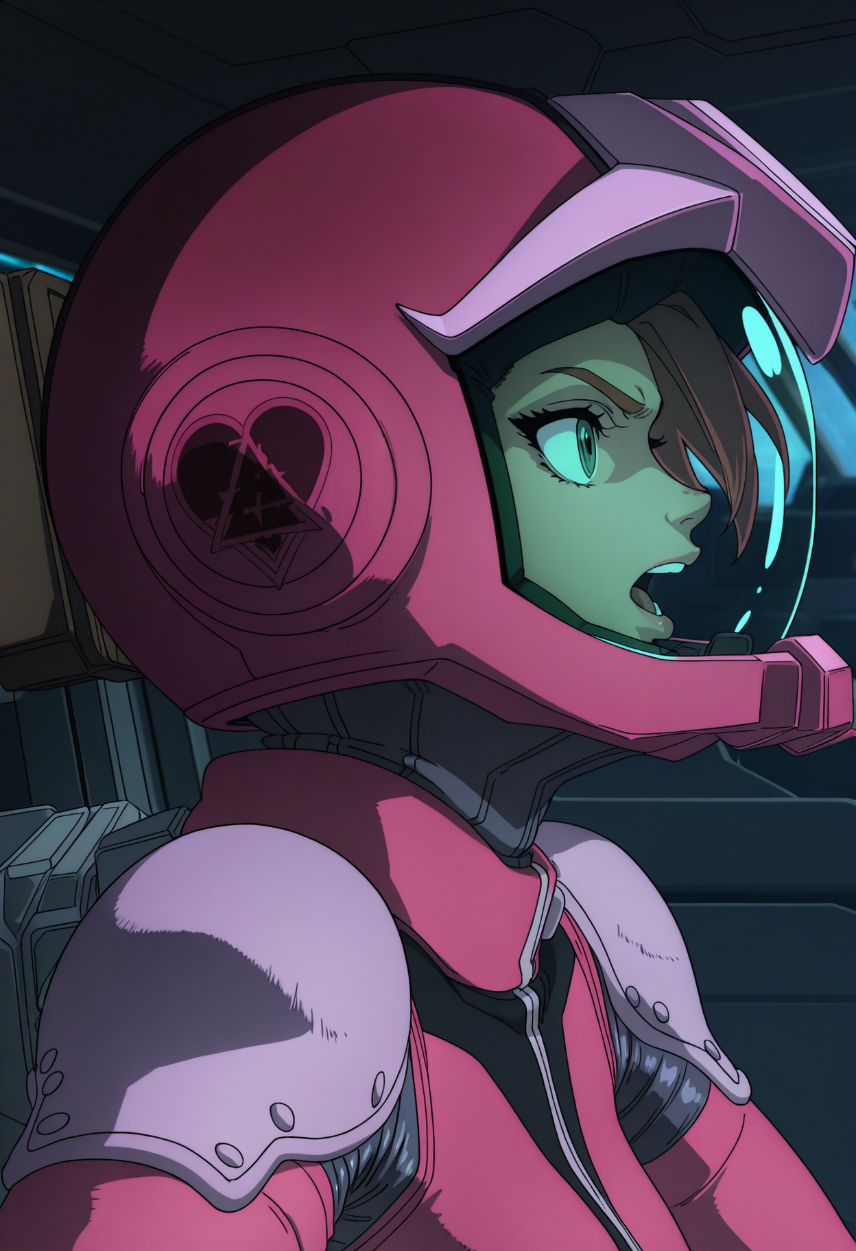 masterpiece, best quality, good quality, <lora:GTBBianca:1>, GTBBianca, 1girl, green eyes, breasts,
pink helmet, green visor, pink pilot suit,
serious, looking to the side, open mouth, portrait, profile, 
BREAK cockpit, indoors,