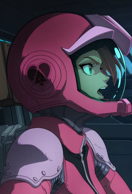 masterpiece, best quality, good quality, <lora:GTBBianca:1>, GTBBianca, 1girl, green eyes, breasts,
pink helmet, green visor, pink pilot suit,
serious, looking to the side, open mouth, portrait, profile, 
BREAK cockpit, indoors,