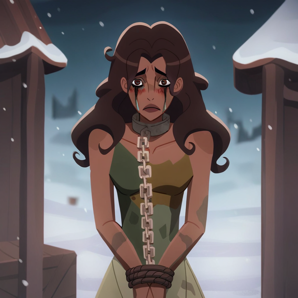 score_9, score_8_up, score_7_up, source_anime, expressive, anime, (THYR4T0tG:1.2), Artist speedlines, dynamic, 1girl, dark-skinned female, dark skin, blush stickers, long hair, brown hair, lips, brown eyes, chain, collar, restrained, rope, torn clothes, dress dirty, sad, averting eyes, runny makeup, standing, shy, blush, sensual, looking at viewer, source hentai, outdoors, snow, snowing