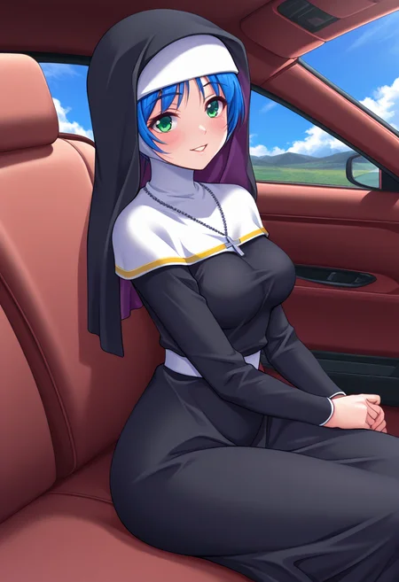 masterpiece, best quality, amazing quality, 1girl, solo, sanaeww, green eyes, blue hair, short hair, medium breasts, nun, traditional nun, habit, cross necklace, <lora:Kirishima_Sanae_Yoridori_ill:0.8>, from side, sitting on car seat, blush, smile, parted lips, looking at viewer, car interior, car seat, ground vehicle, motor vehicle, car, cloud, blue sky, skindentation, detailed clothing folds, depth of field, sharp, high contrast, dynamic light