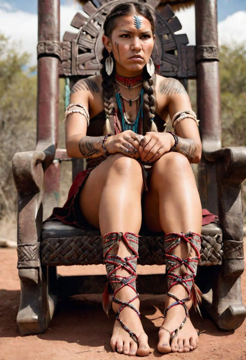 front-bottom-view medium-shot photograph, angry female Native-American warrior, wearing traditional-clothes, 25-YO, (tattoos:0.8), long-thick-braids, outdoors, foot-focus, five-toes, roes-in-focus, barefoot, detailed-toes, dirty-feet, sitting-on-throne