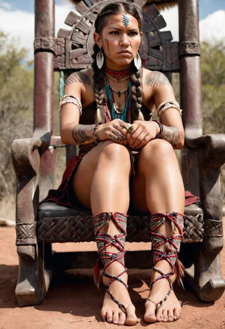 front-bottom-view medium-shot photograph, angry female Native-American warrior, wearing traditional-clothes, 25-YO, (tattoos:0.8), long-thick-braids, outdoors, foot-focus, five-toes, roes-in-focus, barefoot, detailed-toes, dirty-feet, sitting-on-throne
