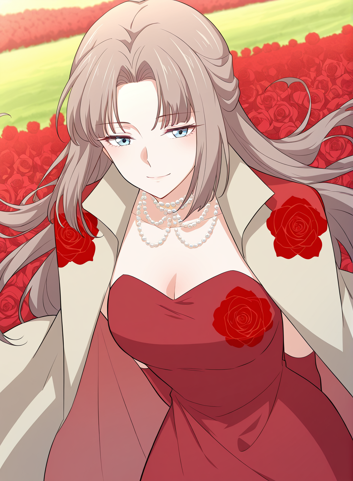 <lora:Immortal_Swordsman_In_The_Reverse_World__Di_Lan:1>
1 girl, solo, long hair, straight hair, ash brown hair, middle part, side strands, blue eyes, 
elegant red dress, strapless gown, form-fitting dress, cream colored cape, cape with red floral patterns, red roses on shoulders, long red gloves, pearl necklace, layered pearls,
score_9, score_8_up, score_7_up, very aesthetic, source_anime, detailed, high quality, beautiful, masterpiece, detailed eyes, field, blurry background, pose dynamic angle, upper body, cowboy shot, light smile, floating hair, half-closed eyes, hands behind back, leaning forward, looking forward, looking at viewer