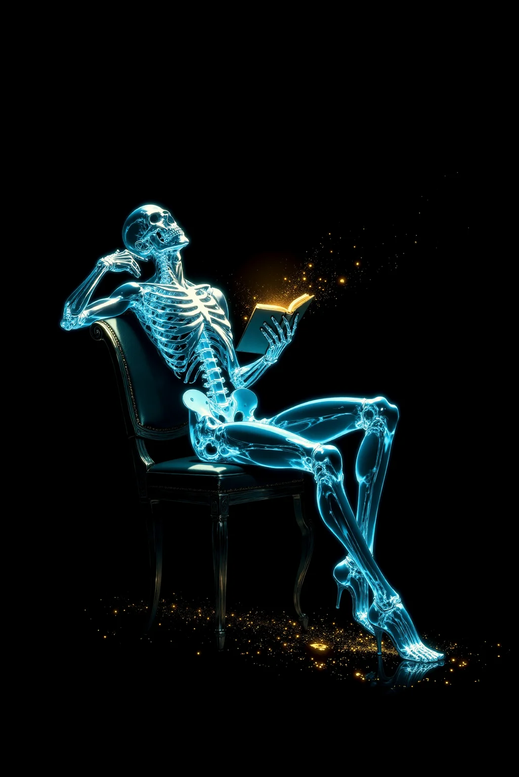 <lora:DGLO_style_v.7:0.75> DGLO style.
A radiant skeletal figure lounges in style, wearing dazzling stiletto heels and an air of quiet sophistication. The bones are rendered in translucent, glowing shades of icy blue, creating an ethereal yet clinical x-ray effect against the pitch-black background. Its posture is confident, head tilted back in a relaxed pose, while its book—vivid and solid compared to its skeletal hands—adds an intellectual charm. The scene has a surreal juxtaposition: the timeless beauty of death meets the elegance of high fashion. Around the figure, faint golden sparks or particles float, as though suggesting this is a fleeting moment in a timeless realm.