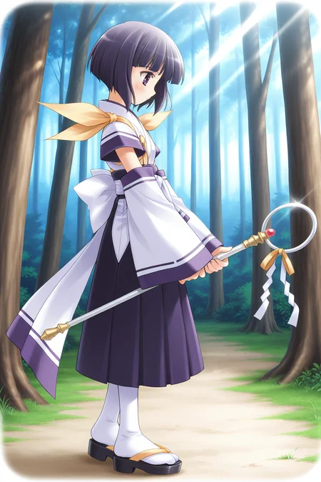 masterpiece, best quality, absurdres, official art, official style, general BREAK <lora:arisakashiina_IL_v1-2:0.7>, arisaka shiina, 1girl, solo, purple eyes, black hair, purple hair, short hair, bob cut, blunt bangs, flat chest BREAK japanese clothes, white dress, short sleeves, blue line, detached sleeves, wide sleeves, sleeves past wrists, yellow ribbon, shoulder ribbon, white sash, blue hakama, white bow, back bow, hakama skirt, tabi, sandals, blush, standing, profile, from side, shakujou, staff, holding staff, expressionless, looking down, full body, outdoors, nature, tree, forest, sunlight, light rays, grass, sunbeam, lens flare