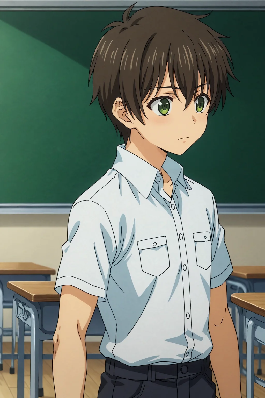 score_9, score_8_up, score_7_up,score_6_up,score_5_up,score_4_up,source_anime,BREAK, rating_safe, intricate details, , anime screencap, anime coloring, official style, depth of field,1boy, solo, male focus,<lora:banri:0.83>tada banri,dark brown hair,green eyes,hair between eyes,short hair,bangs,school uniform,white shirt,short sleeves,collared shirt, pants,black pants,indoor,school,classroom,side views,looking from side, , , , <lora:sdxl_lightning_8step_lora_315544:1>