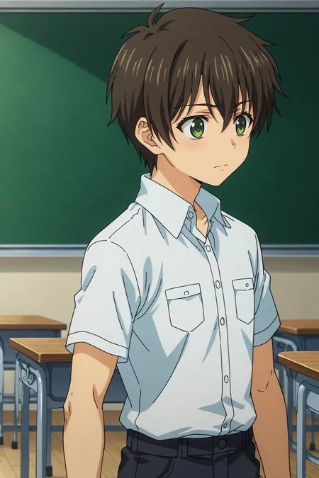score_9, score_8_up, score_7_up,score_6_up,score_5_up,score_4_up,source_anime,BREAK, rating_safe, intricate details, , anime screencap, anime coloring, official style, depth of field,1boy, solo, male focus,<lora:banri:0.83>tada banri,dark brown hair,green eyes,hair between eyes,short hair,bangs,school uniform,white shirt,short sleeves,collared shirt, pants,black pants,indoor,school,classroom,side views,looking from side, , , , <lora:sdxl_lightning_8step_lora_315544:1>