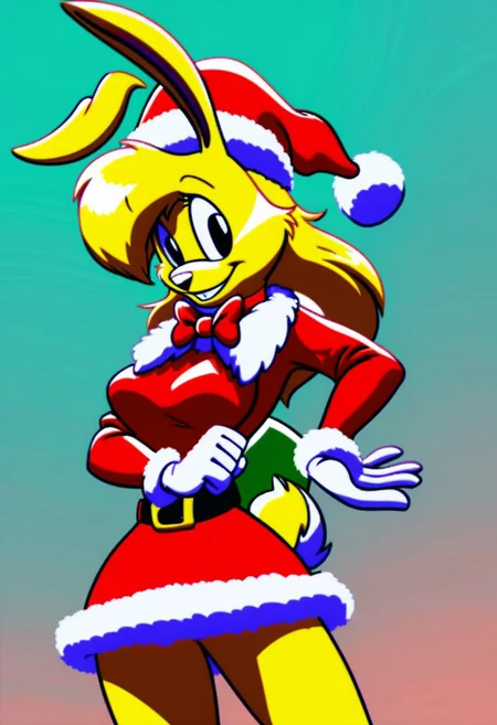 score_9, score_8_up, score_7_up, score_6_up, score_5_up, score_4_up, retro artstyle, BREAK
LoriJackRabbitPXL, rabbit girl,1girl, solo, hat, fur trim,yellow hair,rabbit tail, animal ears, dress, white gloves, gloves, santa hat, red headwear, makeup, blue background, bow, belt, red dress, red bow,yellow fur, fur-trimmed dress, looking at viewer, furry female, smile, fur-trimmed sleeves, black eyes, furry, choker, bowtie, eyeshadow, long sleeves, christmas, red bowtie, breasts, cowboy shot, happy, gradient background, standing, santa costume, red choker, cropped legs, simple background, signature,rabbit tail, deer ears, fur-trimmed headwear, medium hair, fox ears
<lora:lorijackrabbit-v1:0.9>