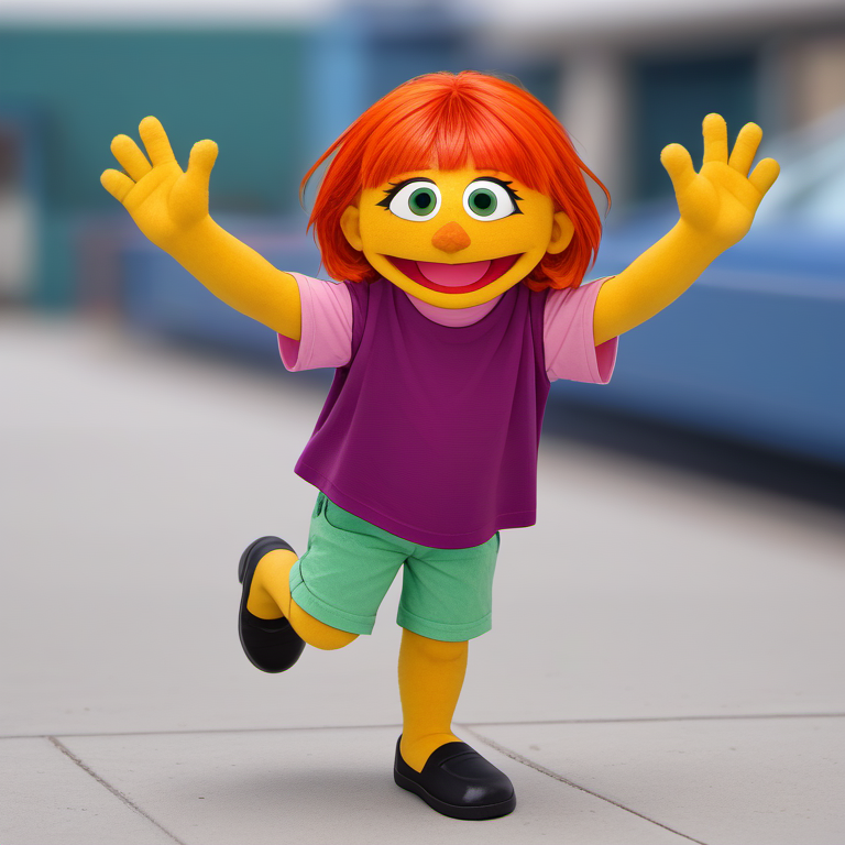 1girl, solo, julss2, child, yellow skin, green eyes, colored skin, orange hair, short hair, purple shirt, smile, open mouth, green shorts, black footwear, standing on one leg, looking at viewer, four fingers, blurry background, <lora:julss2-000009:1>,