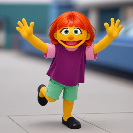 1girl, solo, julss2, child, yellow skin, green eyes, colored skin, orange hair, short hair, purple shirt, smile, open mouth, green shorts, black footwear, standing on one leg, looking at viewer, four fingers, blurry background, <lora:julss2-000009:1>,