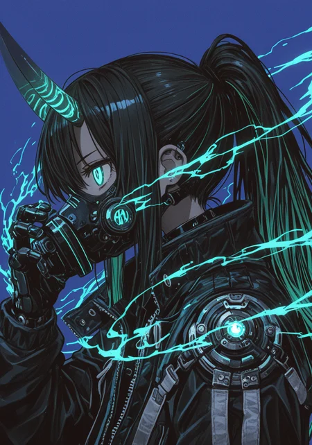 masterpiece, best quality, good quality, [sho \(sho lwlw\)], [naga_u], year 2013,
good quality, very aesthetic, absurdres, newest, 1girl, solo, long_hair, simple_background, black_hair, jewelry, jacket, upper_body, ponytail, multicolored_hair, horns, green_hair, dark_skin, from_side, dynamic, dark-skinned_female, mask, blue_background, glowing, high_ponytail, glowing_eyes, science_fiction, purple_background, oni horns, ethereal magic tube, cyborg, gas_mask, mechanical_parts, cyberpunk, tube, respirator, fierce aura swirl