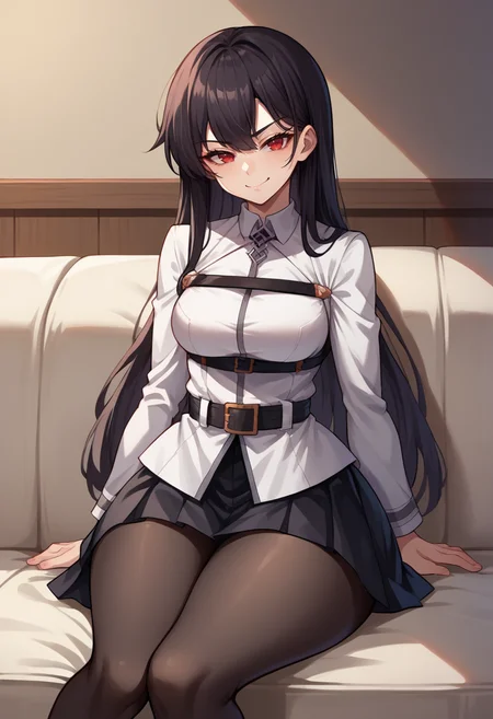 score_9, score_8_up, source_anime, 1girl, solo, black hair, long hair, red eyes, thighs, ChaldeaUniformFemaleUniform, chaldea uniform, belt, black skirt, black pantyhose, indoors, sitting, on sofa, smirk, smug, thick thighs, <lora:ChamChaldeaUniformPonyXL:1>